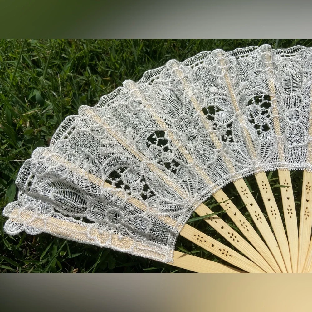 Ivory Lace Fan with Floral Design, Large Beige Lace Fan for Wedding Ceremony